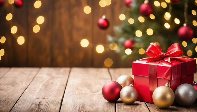 Festive Christmas Banner - Red-Bowed Gift Box and Baubles on Wooden Surface with Magical Golden Bokeh Lights in the Background
