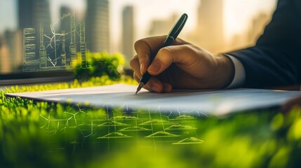 Poster - A person writes on paper surrounded by greenery, symbolizing the integration of sustainable finance practices.