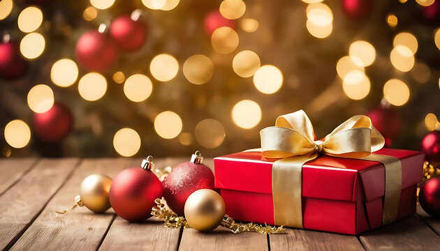 Festive Christmas Banner - Red-Bowed Gift Box and Baubles on Wooden Surface with Magical Golden Bokeh Lights in the Background