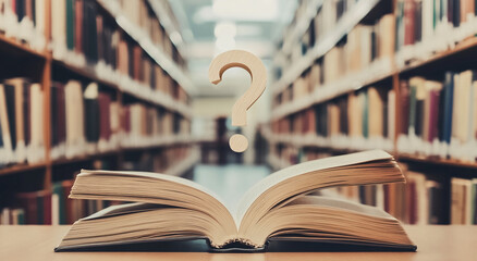 Poster - Open book with a question mark in a library setting invites curiosity about knowledge and learning experiences