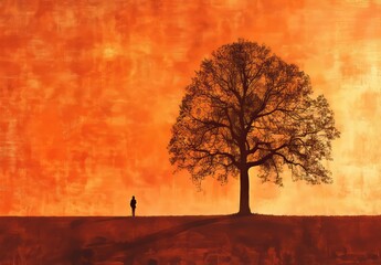 Wall Mural - An artwork illustrating the theme of coming home, set in an autumn landscape with a lone tree on a mountain.