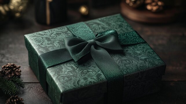 Elegant green gift box with a textured bow on a dark background