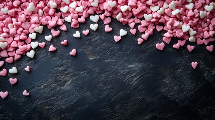 Poster - Pink and white heart shaped sugar sprinkles on a black background