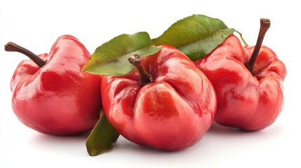 Wall Mural - Fresh rose apples with vibrant red skin and green leaves isolated on white background showcasing their unique shape and color.