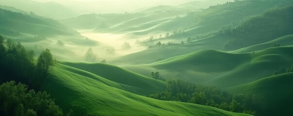 Misty Morning Over Green Summer Hills, Generative AI