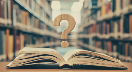 Poster - Open book with a question mark inside a library filled with shelves of books