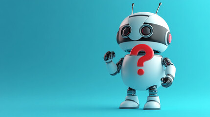 Aufkleber - Cute robot character standing on a blue background with a question mark, symbolizing curiosity and technology exploration