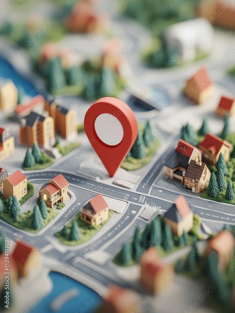 3D map model showcasing urban layout with a prominent location pin ...