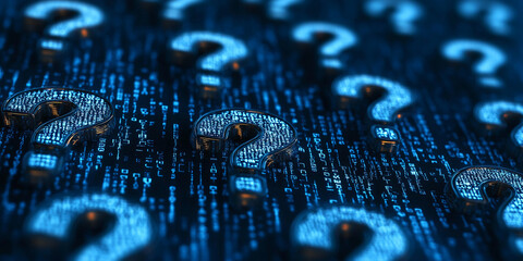 Poster - Exploring digital uncertainty with glowing question marks on a dark background