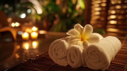 Aufkleber - Soft white towels neatly arranged next to a delicate flower create a calming atmosphere. Candles flicker softly in the background, enhancing the immersive experience of the spa setting.