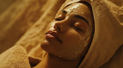 Poster - A woman lies peacefully, wrapped in a towel, as a nourishing facial mask rests on her skin. The calming atmosphere enhances her spa experience at home, promoting wellness and beauty.
