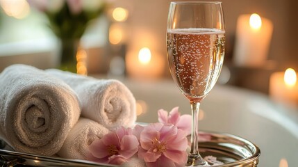 Poster - A tranquil bath environment features soft towels and delicate flowers arranged on a tray. A sparkling beverage adds a touch of elegance while candles create a warm, inviting glow.
