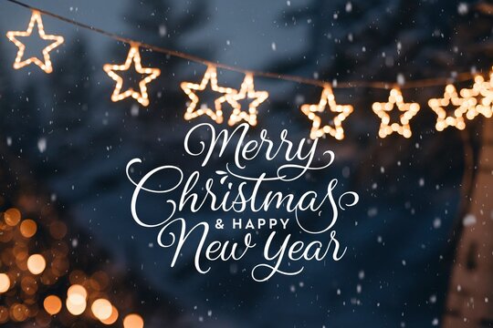 Stylish white Merry Christmas and a happy new year text on a warm background with soft glowing star lights in the background