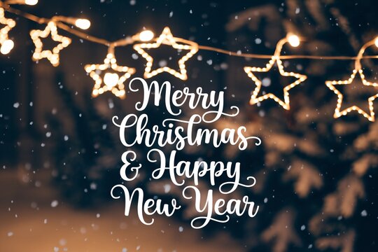 Stylish white Merry Christmas and a happy new year text on a warm background with soft glowing star lights in the background
