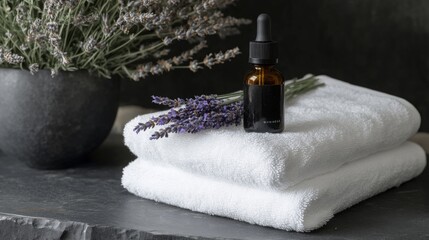 Poster - A sleek dark bottle of lavender oil sits beside fresh lavender sprigs on stacked white towels. The backdrop showcases a calming, eco-friendly aesthetic ideal for beauty routines.
