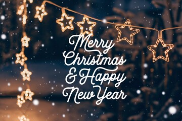 Poster - Stylish white Merry Christmas and a happy new year text on a warm background with soft glowing star lights in the background