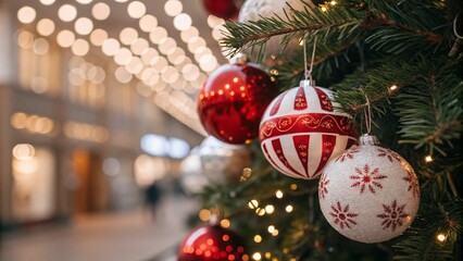 Wall Mural - Banner or greeting card Christmas and New Year concept. Close up of red, white baubles on Christmas tree. Bokeh garlands in the background.