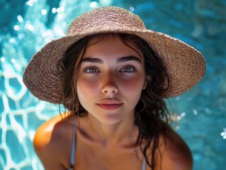 Wall Mural - Woman with straw hat by pool