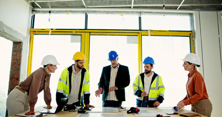 Poster - Architecture, teamwork and blueprint with people on construction site for building, real estate and inspection. Engineer, planning and property developer with employee for contractor and renovation