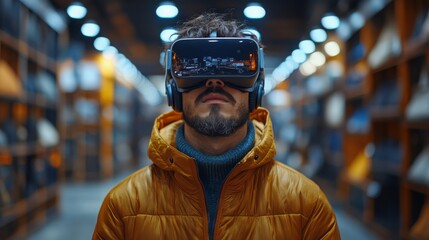 Poster - Man wearing VR headset explores virtual product placement in modern retail environment