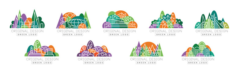 Poster - Green Logo Original Design with City Landscape Vector Set