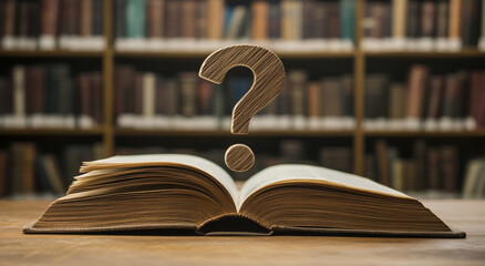 Poster - Open book with a question mark in a library filled with books during daylight hours