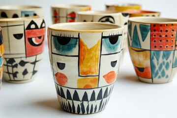 Hand-painted ceramic mugs with unique abstract face designs showcase artistry and craftsmanship