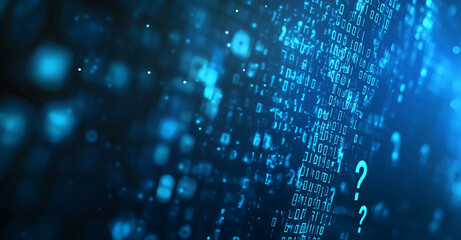 Poster - Exploring digital data with binary code and question marks in a futuristic blue environment