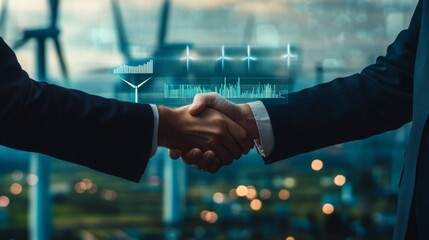 Poster - Two individuals are shaking hands in a dynamic environment representing sustainable finance. The backdrop features wind turbines, symbolizing renewable energy.