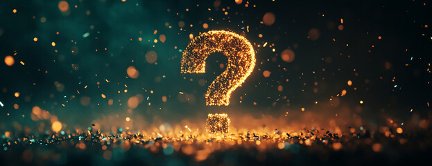 Poster - Mysterious glowing question mark symbolizing curiosity and inquiry in a dark, enchanting space with shimmering lights