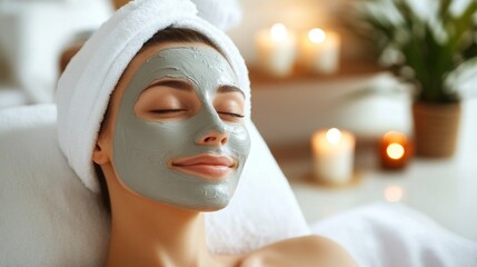 Aufkleber - A woman enjoys a tranquil home spa treatment, resting with a calming green face mask. Candles flicker softly in the background, enhancing the multisensory atmosphere of relaxation and beauty.