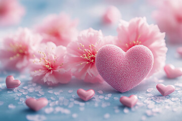 Wall Mural - Pink pastel hearts and flowers, valentine or birthday greeting card