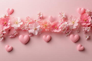 Wall Mural - Pink pastel hearts and flowers, valentine or birthday greeting card