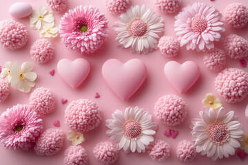 Wall Mural - Pink pastel hearts and flowers, valentine or birthday greeting card
