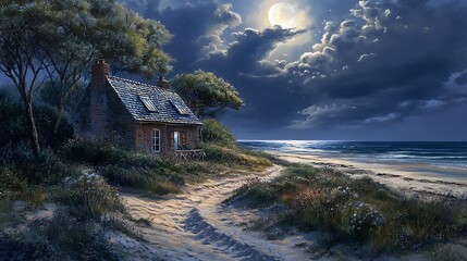 Wall Mural - Stone Cottage By The Sea Under A Full Moon