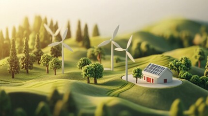 Aufkleber - A miniature landscape features wind turbines and solar panels on a small house, symbolizing sustainable finance initiatives.