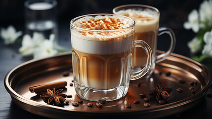 Cup of cappuccino with spices on a metal tray close-up view