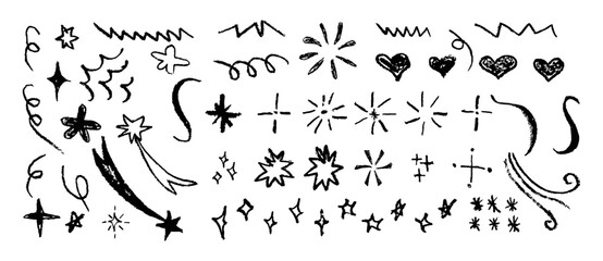 Poster - Set of black chalk drawing elements. Shine or sparkle, hearts and stars doodle collection. Children style black wax pencil handdrawing elements. Vector crayon scratch grunge texture shapes