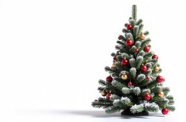 Decorated Christmas tree with red and gold ornaments on white background.