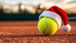 © Barbara Taylor - a tennis ball wearing a santa hat, tennis court in background