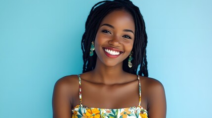 A cheerful model in a floral summer dress smiling brightly in front of a light blue background.