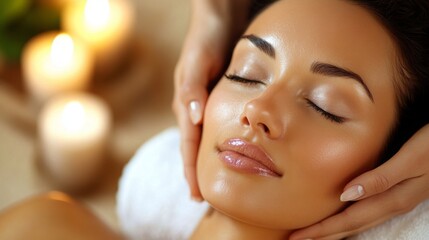 Poster - A woman enjoys a calming beauty treatment at a home spa. Soft candlelight surrounds her while gentle hands provide a soothing massage to her face, creating a tranquil and restorative atmosphere.