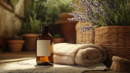 Poster - A serene space showcases eco-friendly beauty items, including a glass bottle filled with natural oil. Fresh lavender and neatly folded towels create a tranquil atmosphere inviting relaxation.