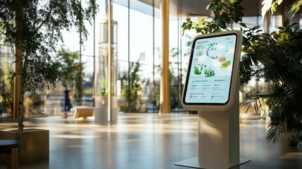 Leinwandbilder - A sleek digital display highlights sustainable finance initiatives in a bright, open area filled with greenery. Sunlight filters through large windows, creating a welcoming atmosphere for visitors.