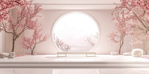 Poster - White room with a pink wall and a pink tree