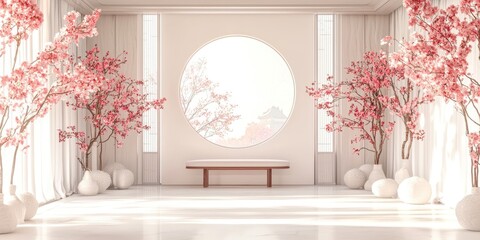 Poster - Room with a white wall and a pink tree in the middle