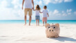 © Bonsales - Family walking on a sandy beach with a piggy bank, symbolizing vacation savings