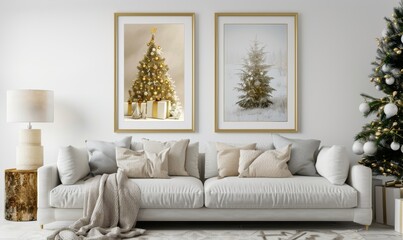 A stylish living room features two elegant picture frames showcasing festive artwork, complemented by a cozy sofa and a charming Christmas tree, creating a warm holiday atmosphere