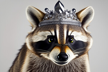Wall Mural - Raccoon wearing crown on its head. Raccoon with gray crown on gray background. Raccoon with a silver crown. A raccoon with a silver crown and a gray background lifestyle.