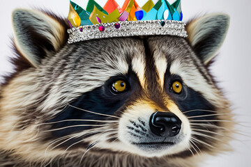 Wall Mural - Raccoon wearing crown on its head. Raccoon with gray crown on gray background. Raccoon with a silver crown. A raccoon with a silver crown and a gray lifestyle background.